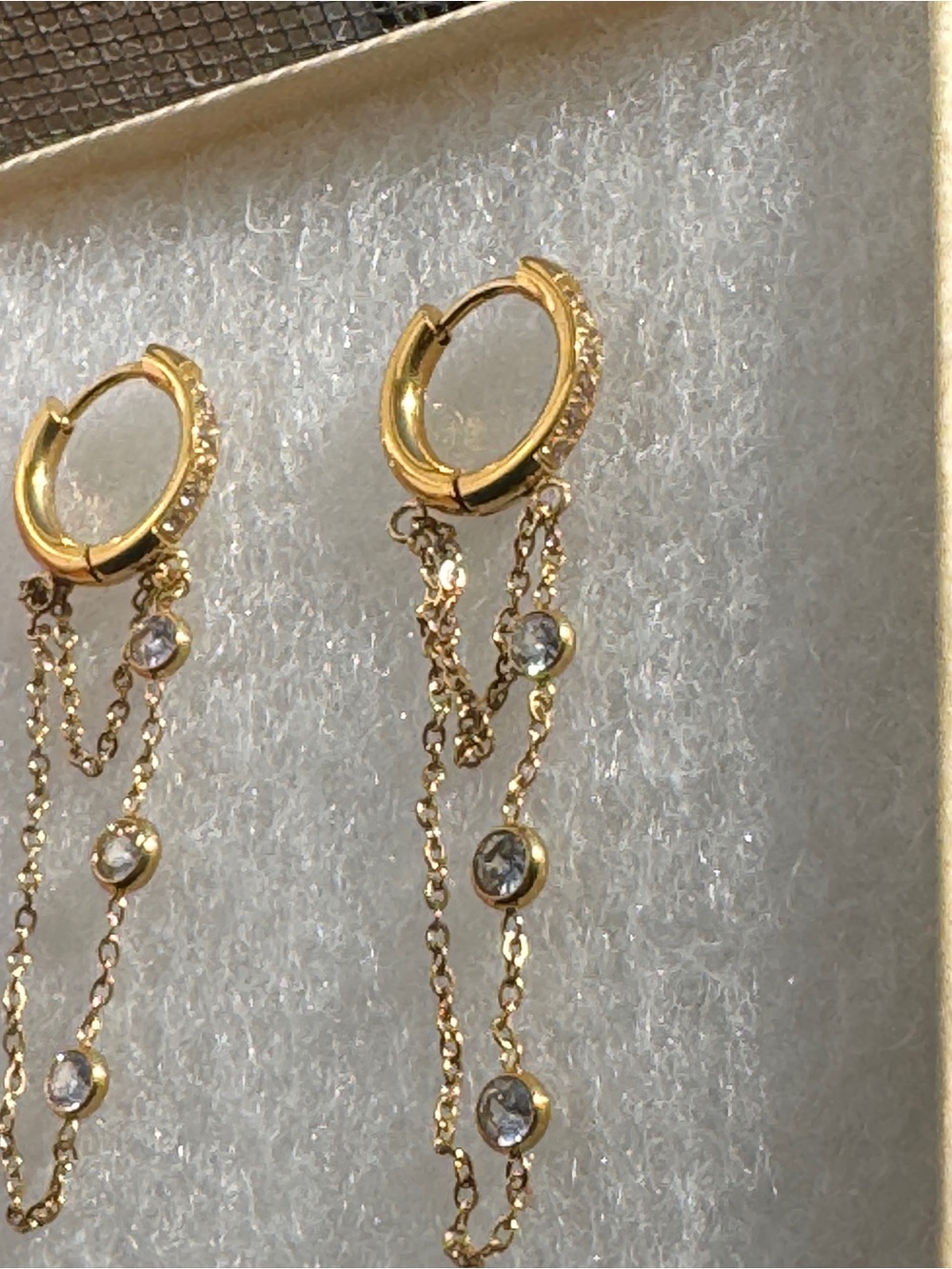 Gold Drop Chain Hoop Earrings with Crystal Accents - New never worn